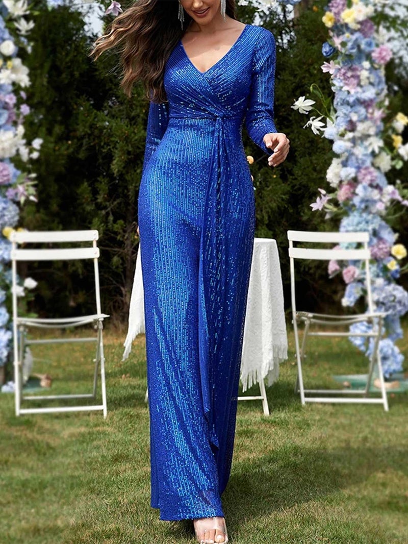 meilun Blue Long Sleeve Sequin Dress for Women Formal Gowns Sparkly V Neck Maxi Dress for Wedding Guest,S - Image 4