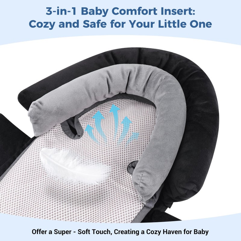 COOLBEBE Upgraded 3-in-1 Babybody Support & Strap Covers Set for Newborn Infant - Extra Soft Car Seat Insert Cushion Pad, Perfect for Carseats, Strollers, Swing, Black - Image 3
