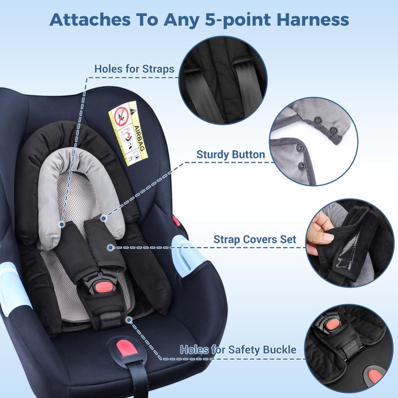 COOLBEBE Upgraded 3-in-1 Babybody Support & Strap Covers Set for Newborn Infant - Extra Soft Car Seat Insert Cushion Pad, Perfect for Carseats, Strollers, Swing, Black - Image 4