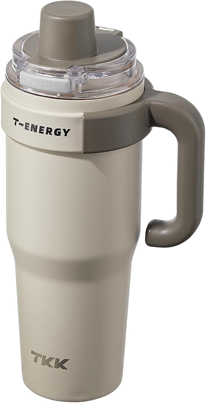 TKK 40 oz Insulated Tumblers with Handle and Straw, Stainless Steel Travel Mug with Ceramic Coating, Leak Proof Double Walled Iced Coffee Cup with Strainer for Hot & Cold Drinks, Beige - Image 1