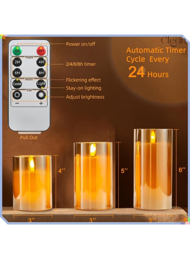 Clean Set of 3 Flameless Glass Candles, featuring a timer and remote control; LED pillar candles with a flickering effect, battery-operated—ideal for restaurant decor, festive atmospheres, and special occasions. - Image 2