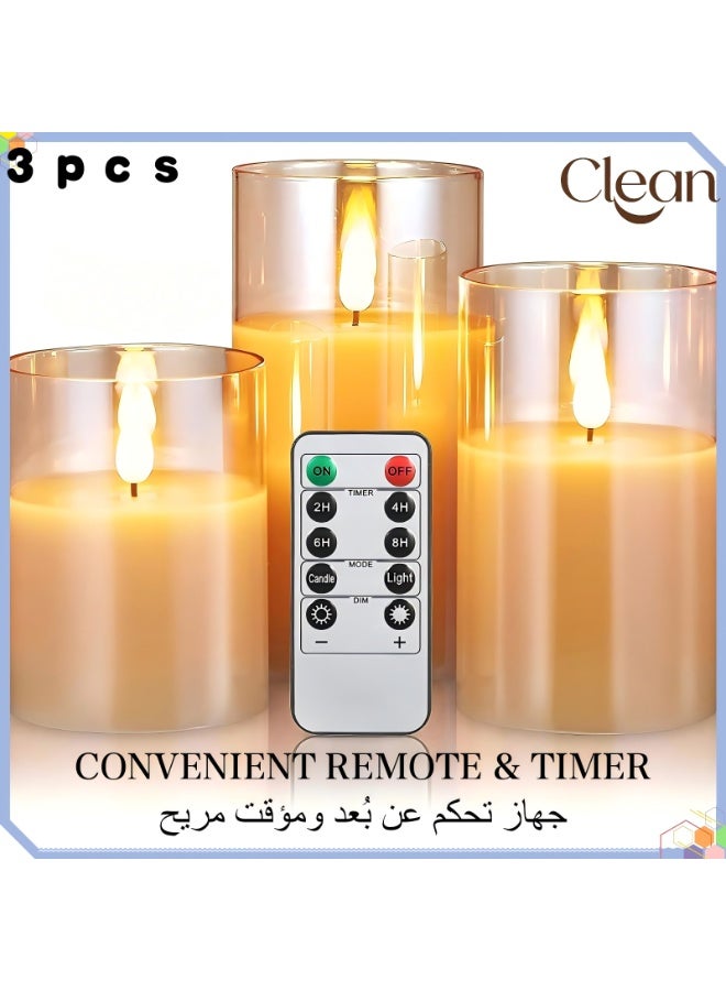 Clean Set of 3 Flameless Glass Candles, featuring a timer and remote control; LED pillar candles with a flickering effect, battery-operated—ideal for restaurant decor, festive atmospheres, and special occasions. - Image 1