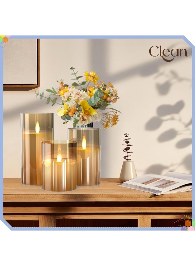 Clean Set of 3 Flameless Glass Candles, featuring a timer and remote control; LED pillar candles with a flickering effect, battery-operated—ideal for restaurant decor, festive atmospheres, and special occasions. - Image 3