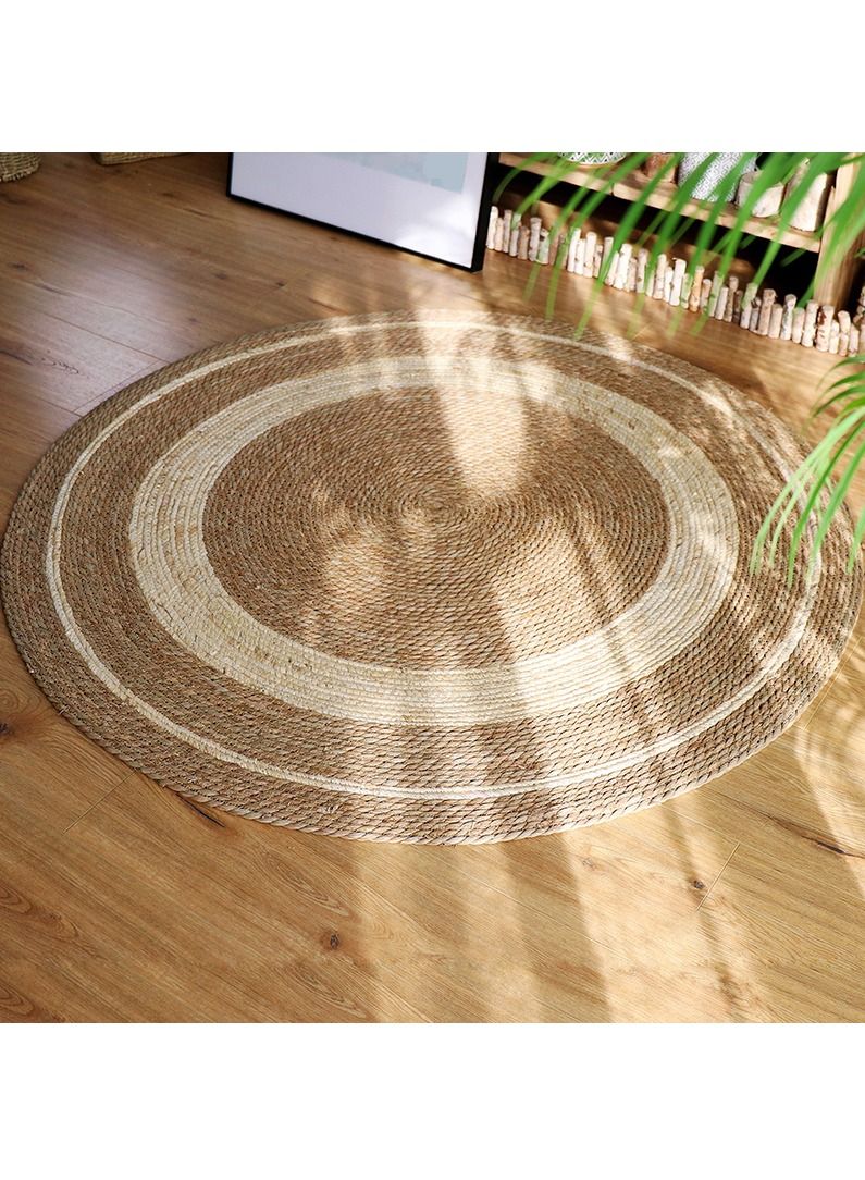 LINGWEI Natural Jute Rug with White Line Jute Carpet Handmade Braided Round Rug carpet For Living room Bedroom Hand Wooven Seagrass Natural Jute Roll Carpet - Image 1