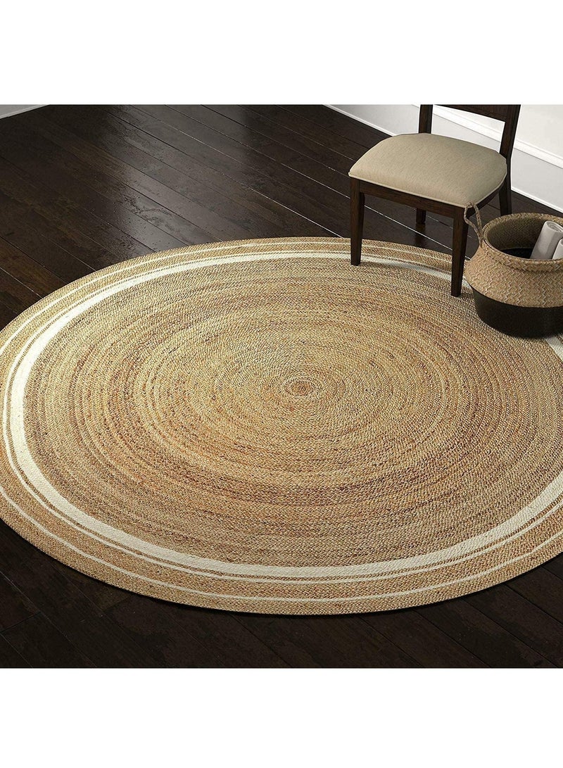 LINGWEI Natural Jute Rug with White Line Jute Carpet Handmade Braided Round Rug carpet For Living room Bedroom Hand Wooven Seagrass Natural Jute Roll Carpet - Image 5