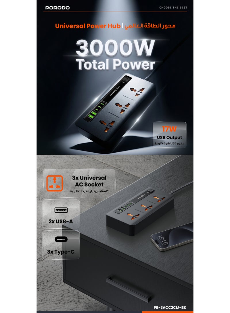 porodo 3000W Power Extension Strip 3 Sockets with 2 USB + 3 Type-C Fast Charging Ports, Power Strip, Safety Protection, Independent On/Off Switch – Multi Plug Adapter for Home & Office - Image 2