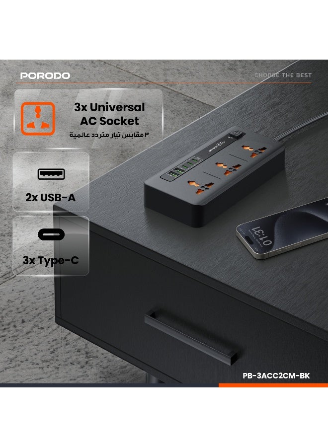 porodo 3000W Power Extension Strip 3 Sockets with 2 USB + 3 Type-C Fast Charging Ports, Power Strip, Safety Protection, Independent On/Off Switch – Multi Plug Adapter for Home & Office - Image 3