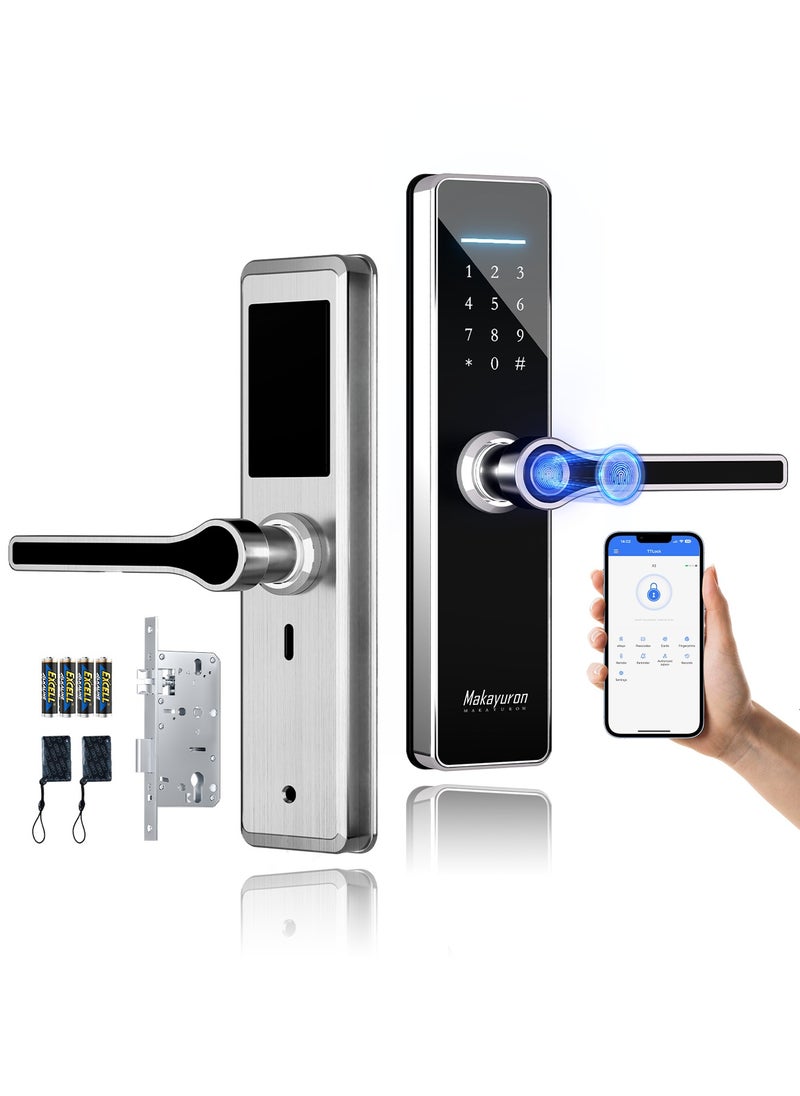 Makayuron Smart Lock Smart Door Lock  with 5 Unlocking Methods: Fingerprint, Password, NFC, Mechanical, Bluetooth, Emergency Charging Port, and Stainless Steel Design  - Image 1