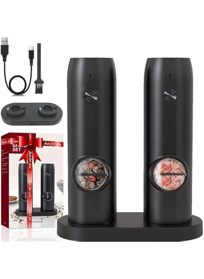 TRASSLE Electric Salt and Pepper Grinder Set with USB Rechargeable Base Refillable Spices Automatic Grinding Shaker Set, Adjustable Coarseness, Suitable for BBQ Restaurant Kitchen Black  - Image 1
