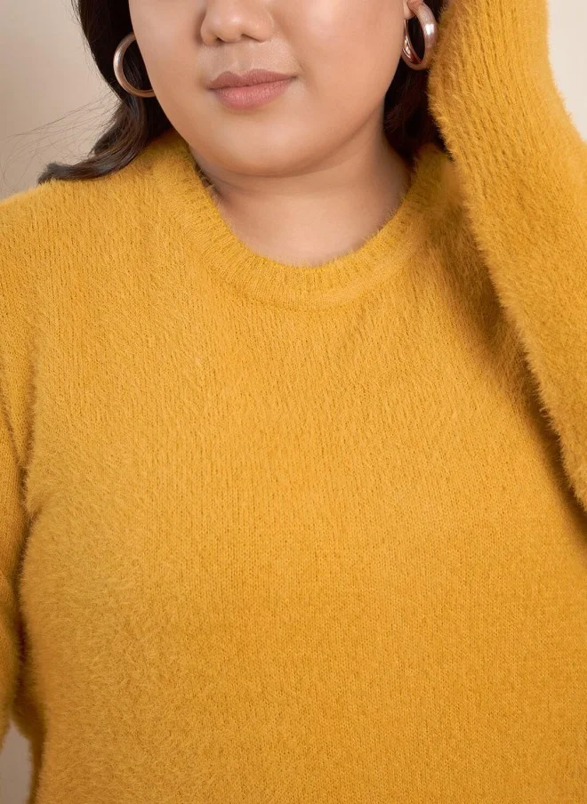 CURVY STREET Yellow Self Design Pullover Sweater for Women
