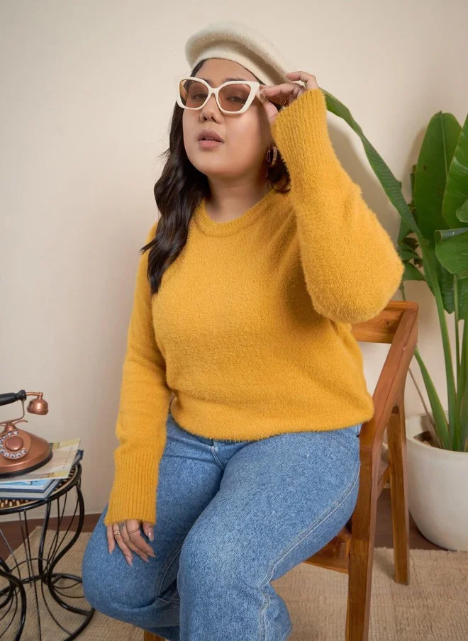 CURVY STREET Yellow Self Design Pullover Sweater for Women