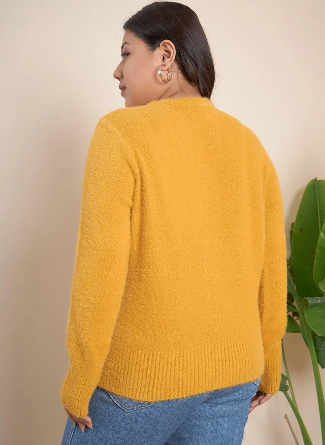 CURVY STREET Yellow Self Design Pullover Sweater for Women