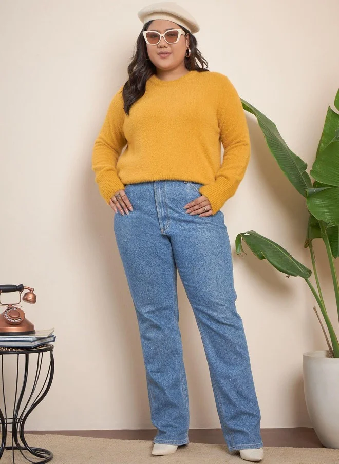 CURVY STREET Yellow Self Design Pullover Sweater for Women