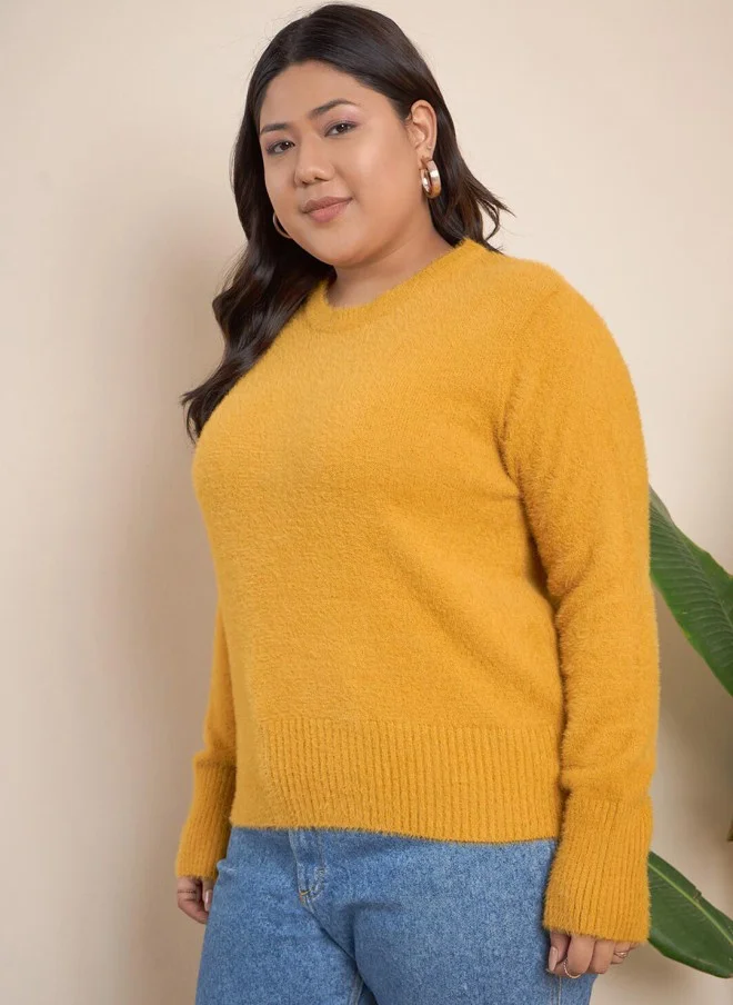 CURVY STREET Yellow Self Design Pullover Sweater for Women