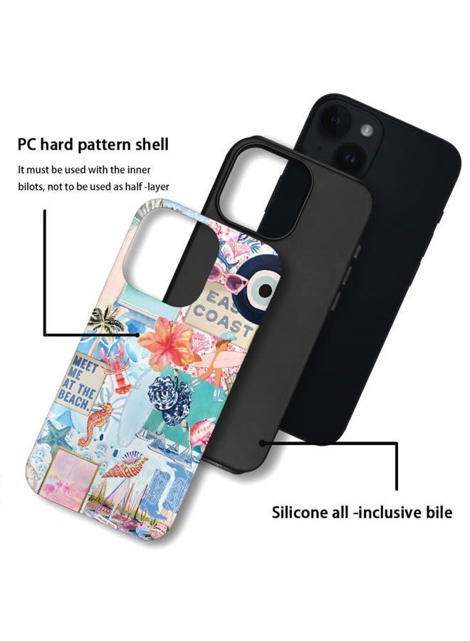 Case Compatible with iPhone 14,Scratch Resistant Hybrid 2-Layer Hard Shell Phone Case,Seashells Beach Summer Jellyfish Collage - Image 3