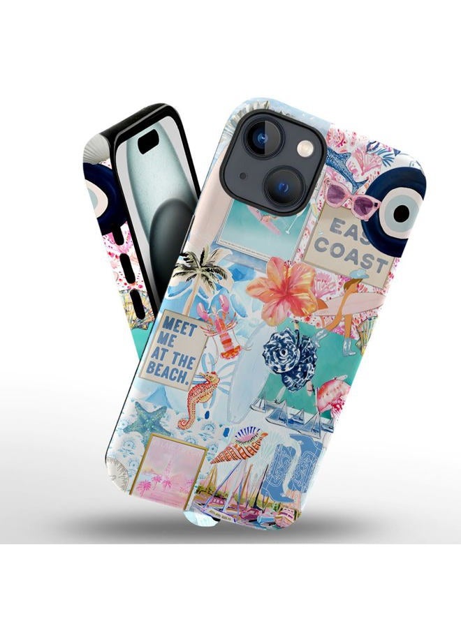 Case Compatible with iPhone 14,Scratch Resistant Hybrid 2-Layer Hard Shell Phone Case,Seashells Beach Summer Jellyfish Collage - Image 2