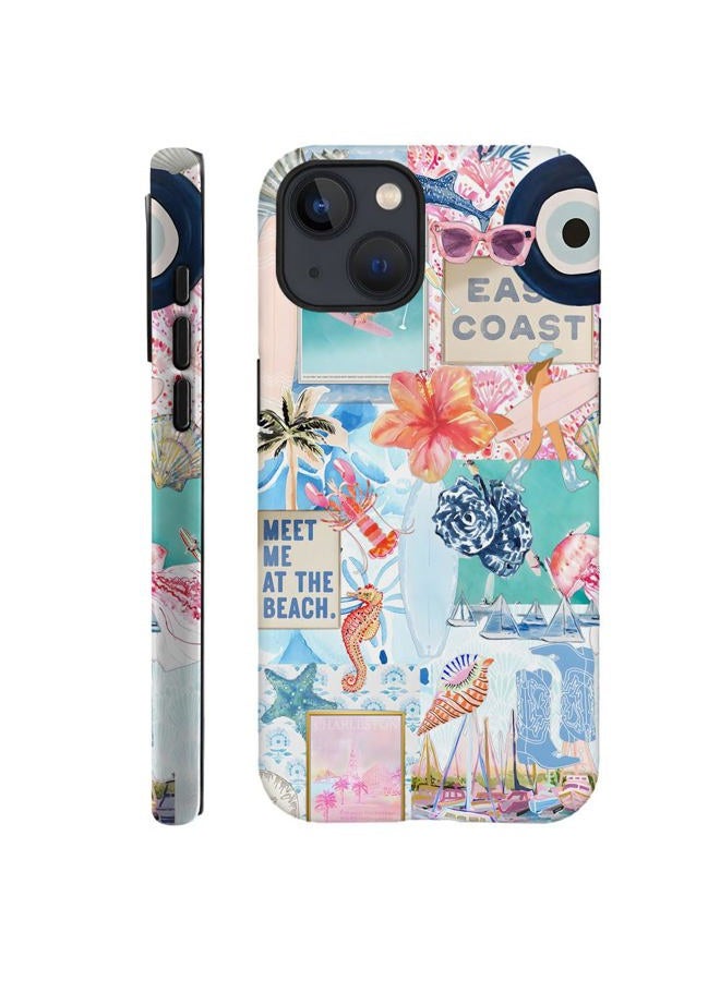 Case Compatible with iPhone 14,Scratch Resistant Hybrid 2-Layer Hard Shell Phone Case,Seashells Beach Summer Jellyfish Collage - Image 1