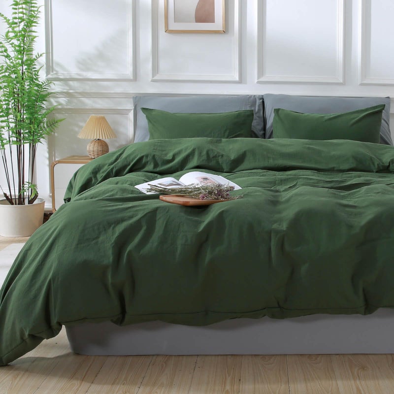 NEXHOME PRO Duvet Cover Set Oversized Queen 98""x98"" Linen Look Textured Organic Natural 100% Washed Cotton Duvet Cover 3 Pieces Bedding Set Zipper Closure  Breathable  Forest Green (No Comforter) - Image 2