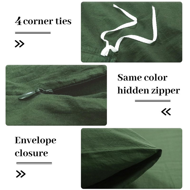 NEXHOME PRO Duvet Cover Set Oversized Queen 98""x98"" Linen Look Textured Organic Natural 100% Washed Cotton Duvet Cover 3 Pieces Bedding Set Zipper Closure  Breathable  Forest Green (No Comforter) - Image 5