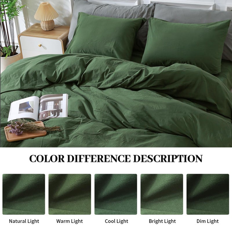 NEXHOME PRO Duvet Cover Set Oversized Queen 98""x98"" Linen Look Textured Organic Natural 100% Washed Cotton Duvet Cover 3 Pieces Bedding Set Zipper Closure  Breathable  Forest Green (No Comforter) - Image 4