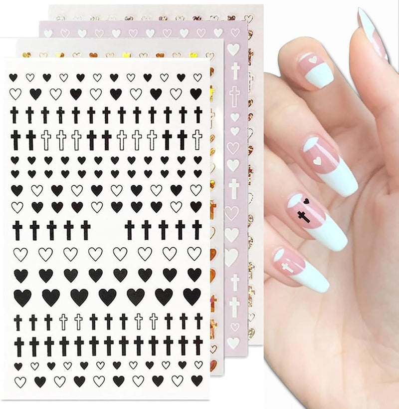 Cross Nail Stickers Heart-Shaped Nail Decals Laser Gold Silver Nail Art Decoration Self-Adhesive DIY Nail Design 4 Colors Set