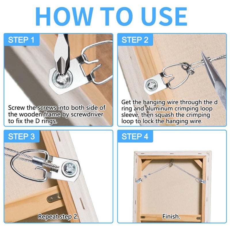 LordandLand 92PCS Picture Hanging Kit - 30 Feet Braided Hanging Wire, 30Pcs D Ring Picture Hangers with Screws and 30Pcs Aluminum Crimping Loop Sleeve for Canvas Paintings, Photo Frames - Image 4