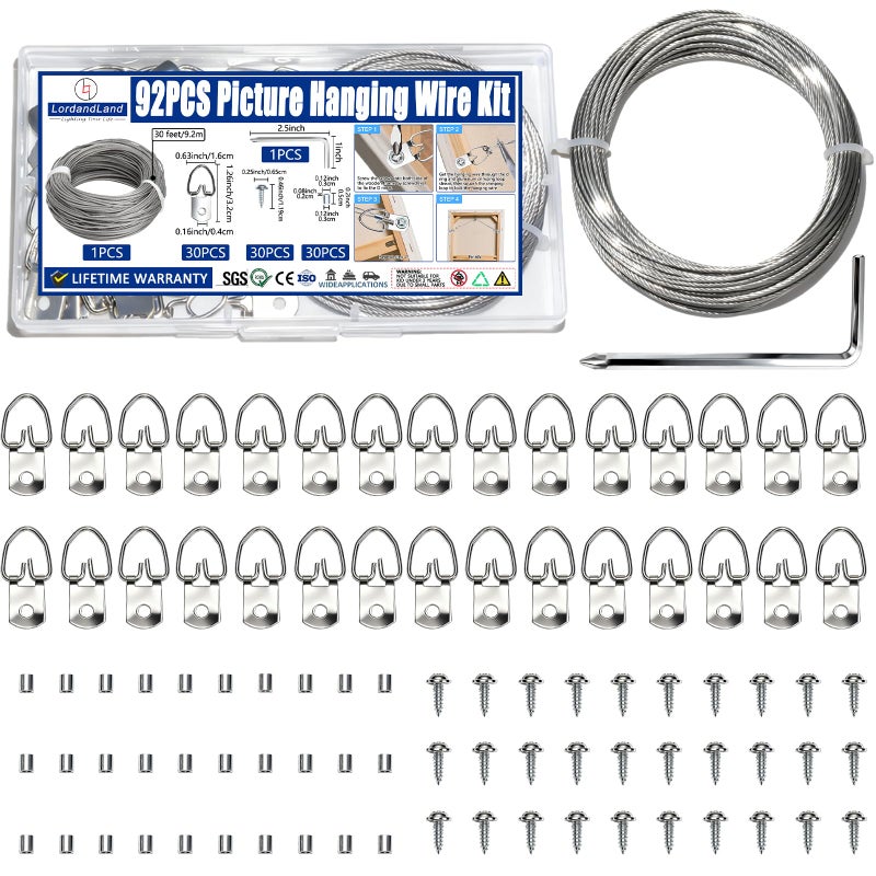 LordandLand 92PCS Picture Hanging Kit - 30 Feet Braided Hanging Wire, 30Pcs D Ring Picture Hangers with Screws and 30Pcs Aluminum Crimping Loop Sleeve for Canvas Paintings, Photo Frames - Image 1