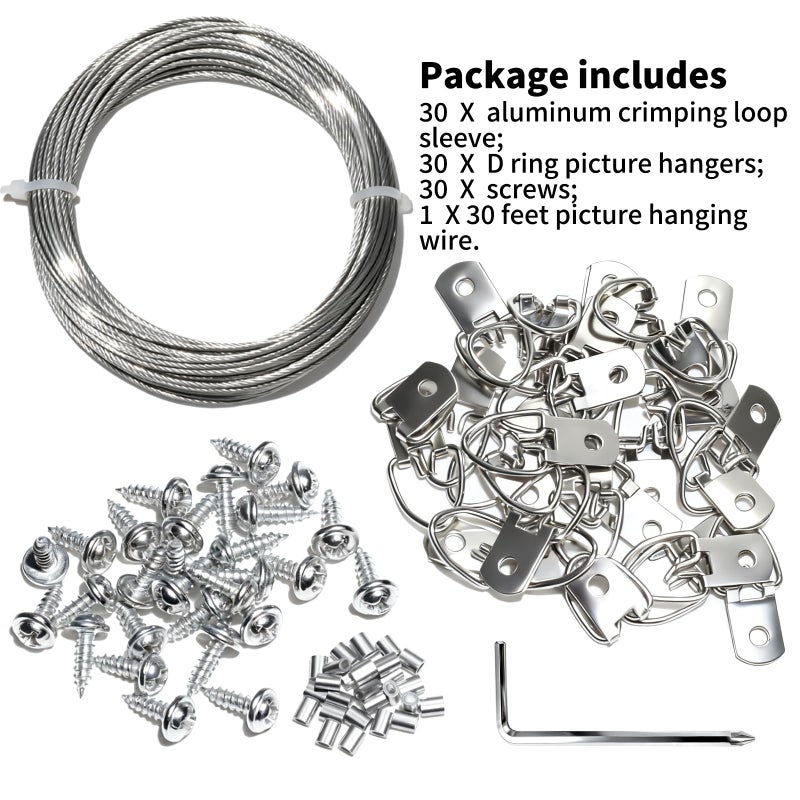 LordandLand 92PCS Picture Hanging Kit - 30 Feet Braided Hanging Wire, 30Pcs D Ring Picture Hangers with Screws and 30Pcs Aluminum Crimping Loop Sleeve for Canvas Paintings, Photo Frames - Image 3