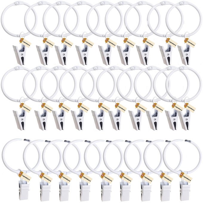 2INCH METAL CURTAIN RINGS WITH CLIPS WHITE OPENABLE DRAPERY CURTAIN CLIP RINGS HOOKS DECORATIVE SHOWER WINDOW ROD OPENING CLIP RINGS PACK OF 30