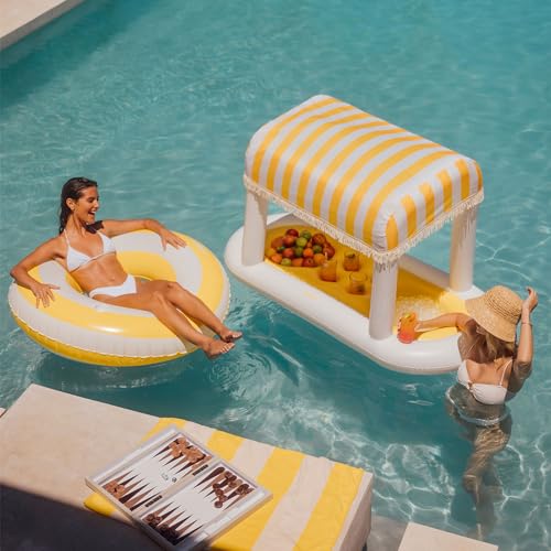 FUNBOY Giant Floating Yellow Cabana Stripe Drink Station, Removable Fabric Shade with Fringe, Perfect for Parties, Table-Top Decorations and in-Pool Refreshments. - Image 4