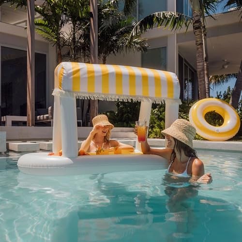 FUNBOY Giant Floating Yellow Cabana Stripe Drink Station, Removable Fabric Shade with Fringe, Perfect for Parties, Table-Top Decorations and in-Pool Refreshments. - Image 3