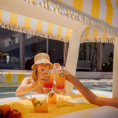 FUNBOY Giant Floating Yellow Cabana Stripe Drink Station, Removable Fabric Shade with Fringe, Perfect for Parties, Table-Top Decorations and in-Pool Refreshments. - Image 5