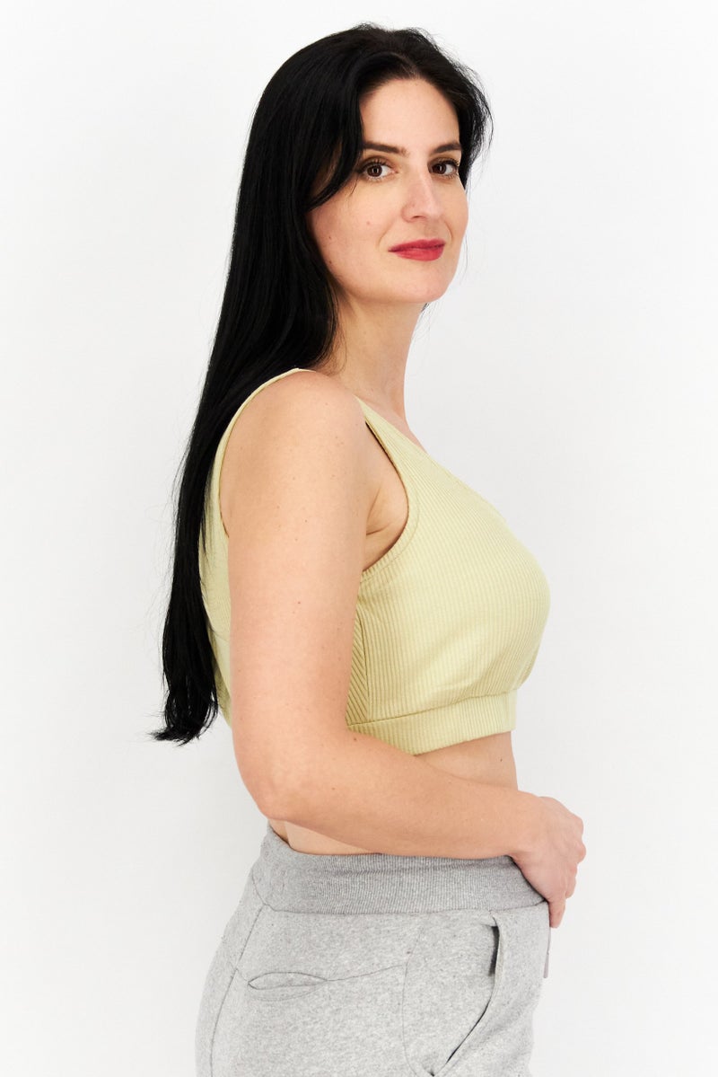 NA-KD Women Scoop Neck Sleeveless Textured singlet Cropped Top, Khaki - Image 4