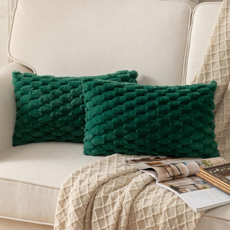 MANDIOO Pack of 2 Dark Green Super Soft Plush Fluffy Decorative Throw Pillow Covers 12x20 inch Faux Fur Wool Velvet Cushion Covers Pillow Cases Couch Sofa Bed Living Room - Image 1