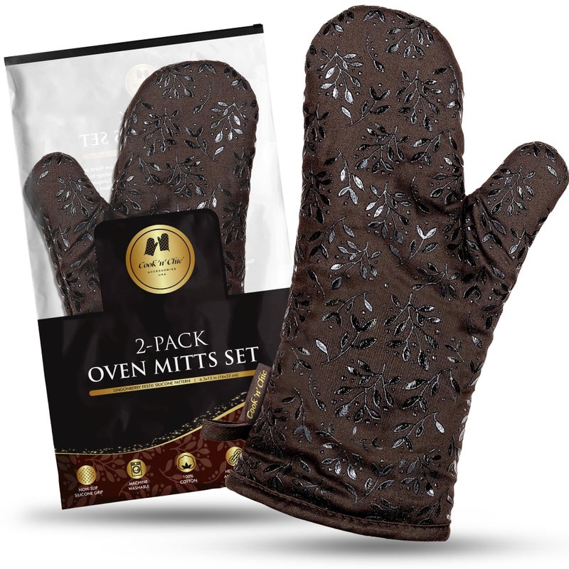 COOK 'N' CHIC Premium HeatResistant Oven Mitts  Stylish and Beautiful  NonSlip Platinum Silicone Grip  Long and Thick  100 Natural Cotton Exterior and Soft Terry Cloth Lining  Set of 2 by CooknChic