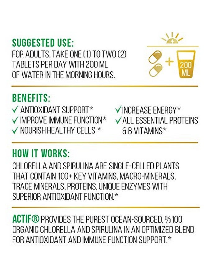 ACTIF 100% Ocean Cleaned Organic Chlorella and Spirulina, Non-GMO, Best Detox and Vegan Diet Supplement, Made in USA - 120 Tablets - Image 2