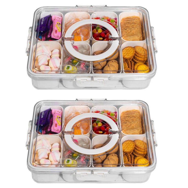 WACOI Divided Snack Serving Tray with Lid and Handle Travel Snackle Charcuterie Container Portable Storage Organizer for Candy, Fruits, Nuts, Snacks, Party, Picnic 2 Packs White - Image 1