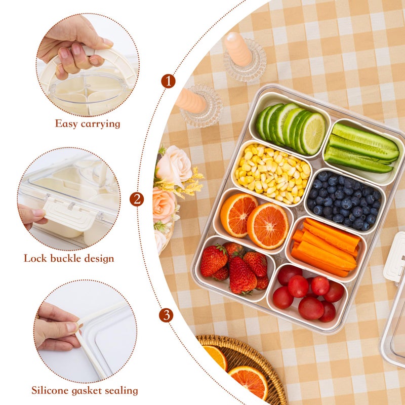 WACOI Divided Snack Serving Tray with Lid and Handle Travel Snackle Charcuterie Container Portable Storage Organizer for Candy, Fruits, Nuts, Snacks, Party, Picnic 2 Packs White - Image 4