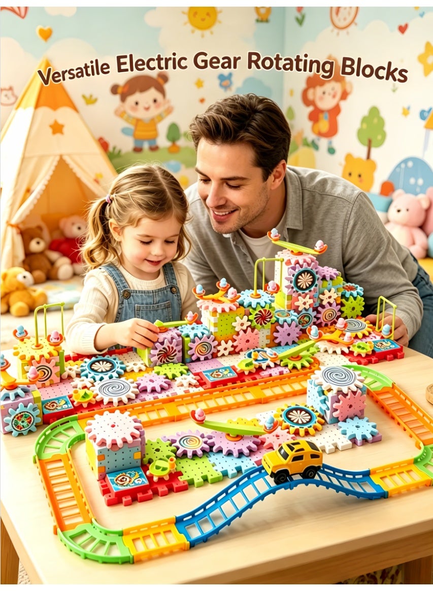 Kids Electric Rotating Gear Building Blocks 263PCS, DIY STEM Construction Set with Race Track & Car, Dual Power (Battery/Manual) Interactive Educational Toy, Safe Smooth Blocks, Creative Learning Gift for Boys & Girls Ages 3+ (XNL-E017-263PCS)
