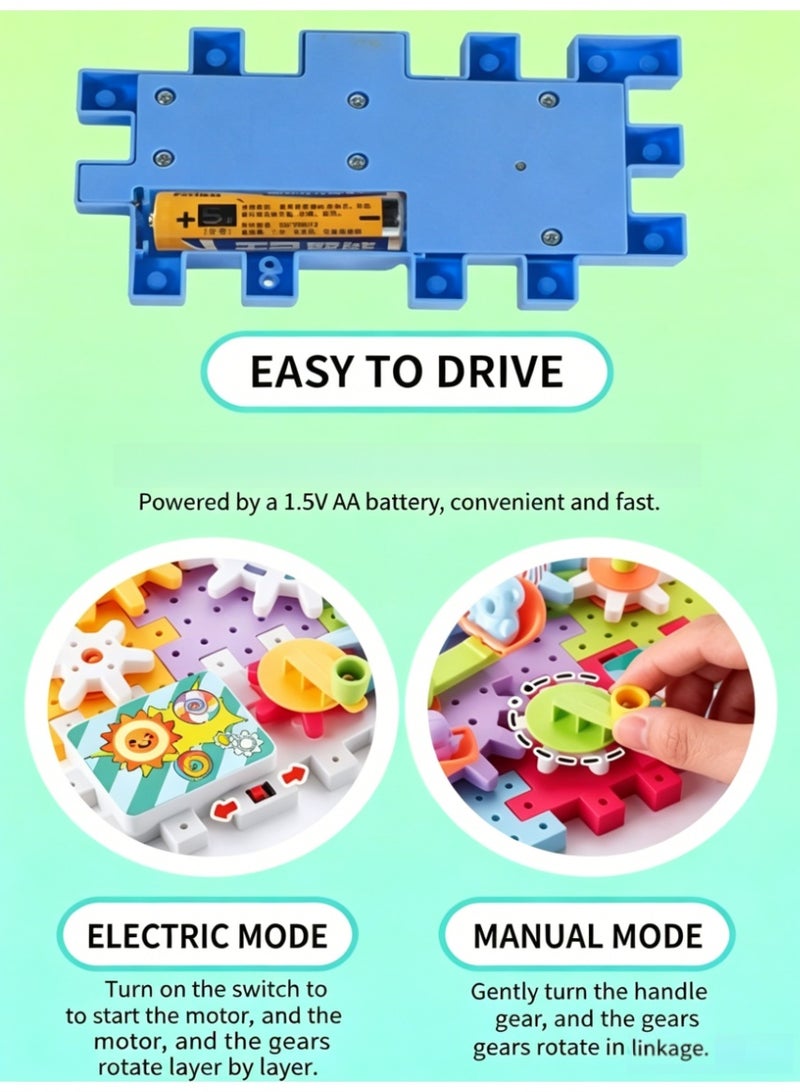  CityRiya-Long أطفال الكهربائية دوران العتاد بناء الكتل 263PCS، DIY STEM مجموعة البناء مع مسار السباق والسيارة، الطاقة المزدوجة (البطارية / اليدوية) لعبة تعليمية تفاعلية، الكتل السلسة الآمنة، هدية التعلم الإبداعي للأولاد والبنات الأعمار 3+ (XNL-E017-263PCS) - Image 5