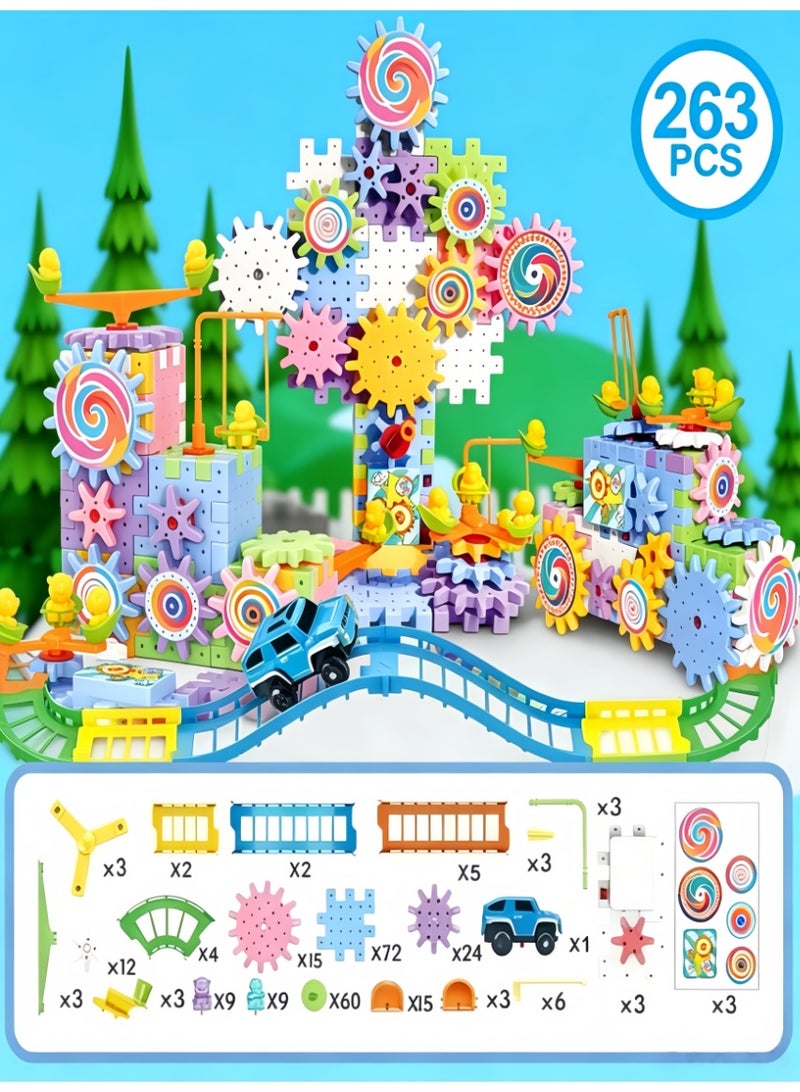  CityRiya-Long أطفال الكهربائية دوران العتاد بناء الكتل 263PCS، DIY STEM مجموعة البناء مع مسار السباق والسيارة، الطاقة المزدوجة (البطارية / اليدوية) لعبة تعليمية تفاعلية، الكتل السلسة الآمنة، هدية التعلم الإبداعي للأولاد والبنات الأعمار 3+ (XNL-E017-263PCS) - Image 2