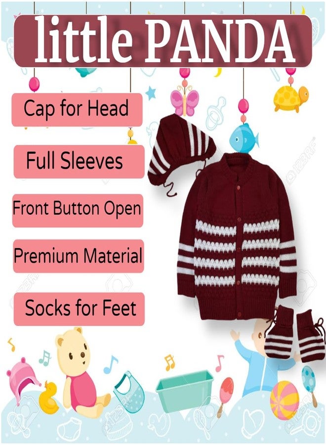 little PANDA Baby Sweater Baby Boy’s & Baby Girl’s Woolen Round Neck Long Sleeves Sweater, Cap & Booties Set Maroon - Image 2