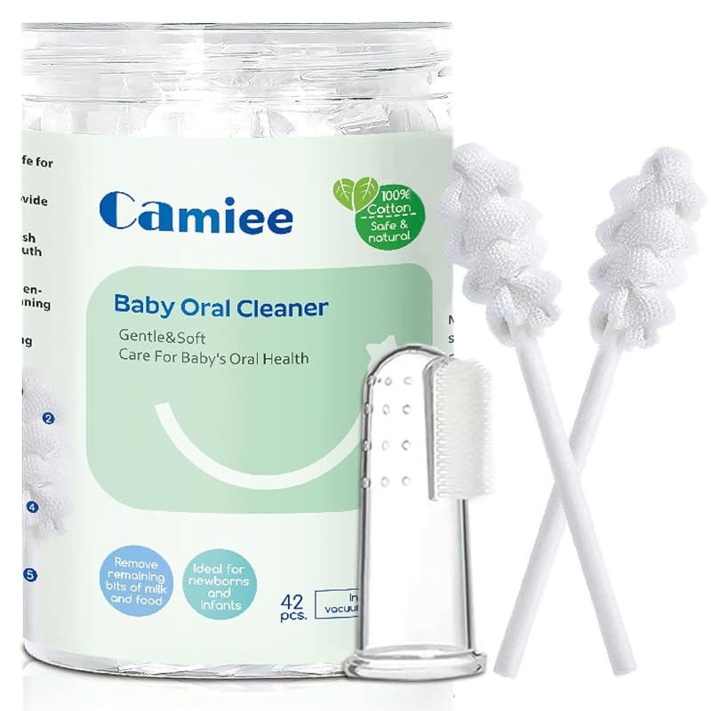 Camiee 42 Pcs Baby Oral Cleaner [Upgrade Spiral Model] One-Time Baby Toothbrush for 0-36 Month Newborn Baby Oral Tongue Gauze Gum Cleaner - Image 1