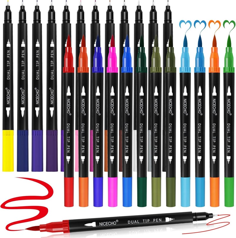 Nicecho 24 Colors Dual Tip Art Markers Pens for Adult Coloring Books, Brush and Fineliner Tip Art Suppliers for Journaling Note Taking Lettering - Image 1