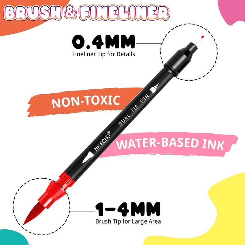 Nicecho 24 Colors Dual Tip Art Markers Pens for Adult Coloring Books, Brush and Fineliner Tip Art Suppliers for Journaling Note Taking Lettering - Image 2