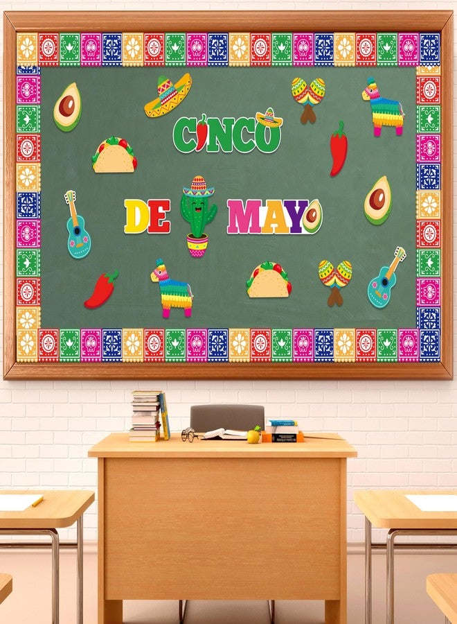 BXawi 82Pcs Cinco De Mayo Bulletin Board Decoration Set Mexican Fiesta Papel Picado Banner Trim Borders Mexico Taco Llama Cactus Cutouts for Classroom Home School Mexican Fiesta Party Decor Supplies - Image 3