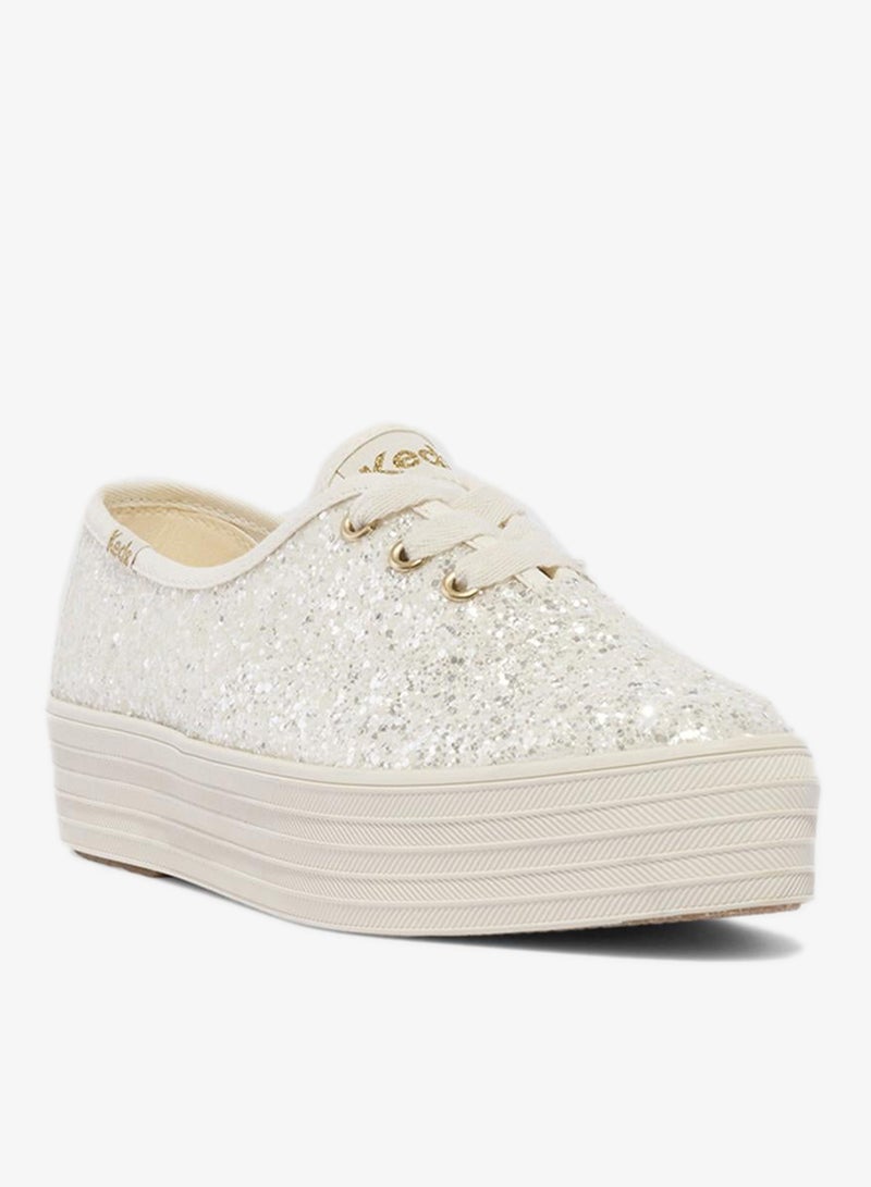 Keds Women's Point Lace Up Platform Glitter Casual Sneaker Beige - Image 3