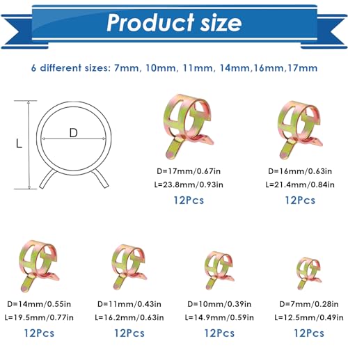 Eoppen 72Pcs Spring Hose Clamps Fuel Line Silicone Vacuum Hose Low Pressure Air Clamps Sleeving Automotive Replacement Fastener Assortment Kit 6 Sizes 7mm 10mm 11mm 14mm 16mm 17mm - Image 3