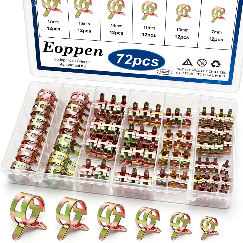 Eoppen 72Pcs Spring Hose Clamps Fuel Line Silicone Vacuum Hose Low Pressure Air Clamps Sleeving Automotive Replacement Fastener Assortment Kit 6 Sizes 7mm 10mm 11mm 14mm 16mm 17mm - Image 2
