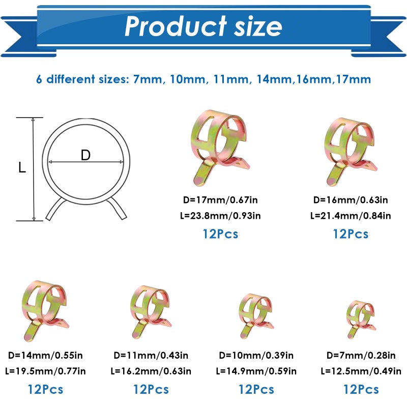 Eoppen 72Pcs Spring Hose Clamps Fuel Line Silicone Vacuum Hose Low Pressure Air Clamps Sleeving Automotive Replacement Fastener Assortment Kit 6 Sizes 7mm 10mm 11mm 14mm 16mm 17mm - Image 4